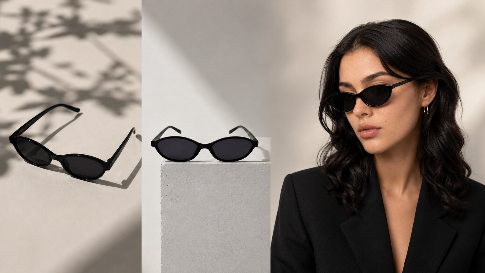 Tryptyk Muse Black — detal, produkt na betonie, portret modelki